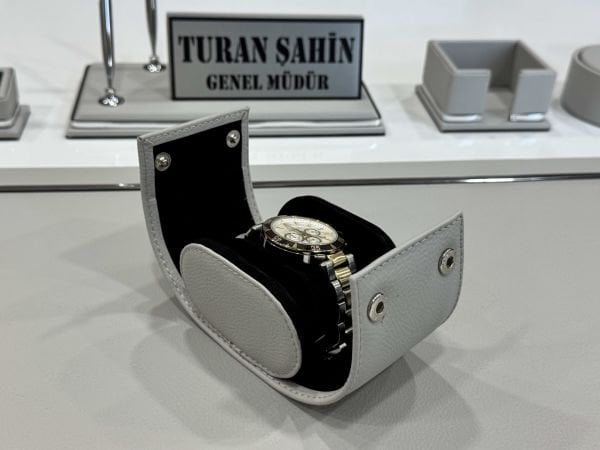 Açık Gri Deri Krom Makyaj Saat Kutulu alt iç yapı Kadife EL YAPIMI VIP Sümen Makam Takımı