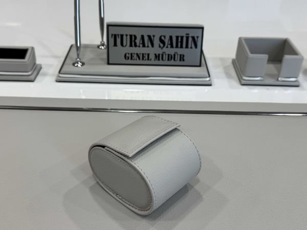 Açık Gri Deri Krom Makyaj Saat Kutulu alt iç yapı Kadife EL YAPIMI VIP Sümen Makam Takımı