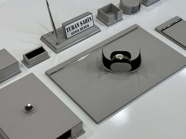 FIRSAT PREMİUM Açık Gri Deri Krom Makyaj Saat Kutulu alt iç yapı Kadife EL YAPIMI VIP Sümen Makam Takımı