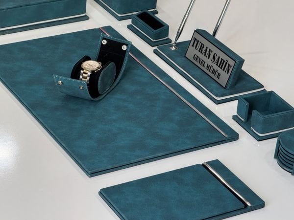 FIRSAT PREMİUM Turkuaz Deri Krom Makyaj Saat Kutulu alt iç yapı Kadife EL YAPIMI VIP Sümen Makam Takımı