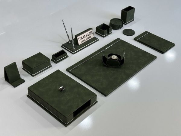 FIRSAT PREMİUM Yeşil Deri Krom Makyaj Saat Kutulu alt iç yapı Kadife EL YAPIMI VIP Sümen Makam Takımı
