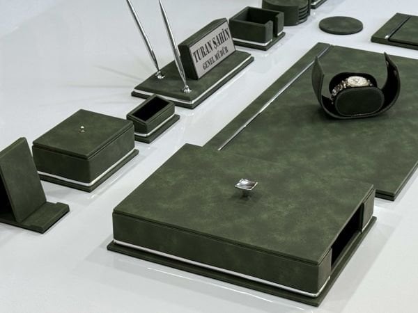 FIRSAT PREMİUM Yeşil Deri Krom Makyaj Saat Kutulu alt iç yapı Kadife EL YAPIMI VIP Sümen Makam Takımı