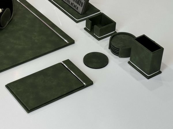 FIRSAT PREMİUM Yeşil Deri Krom Makyaj Saat Kutulu alt iç yapı Kadife EL YAPIMI VIP Sümen Makam Takımı