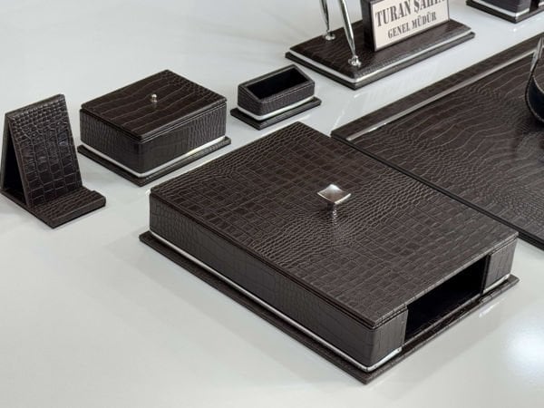 Timsah Kahve Deri Krom Makyaj Saat Kutulu alt iç yapı Kadife EL YAPIMI VIP Sümen Makam Takımı