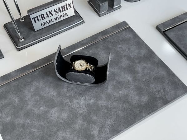 Diamond Antrasit Tasarım Deri Krom Makyaj Saat Kutulu alt iç yapı Kadife EL YAPIMI VIP Sümen Makam Takımı