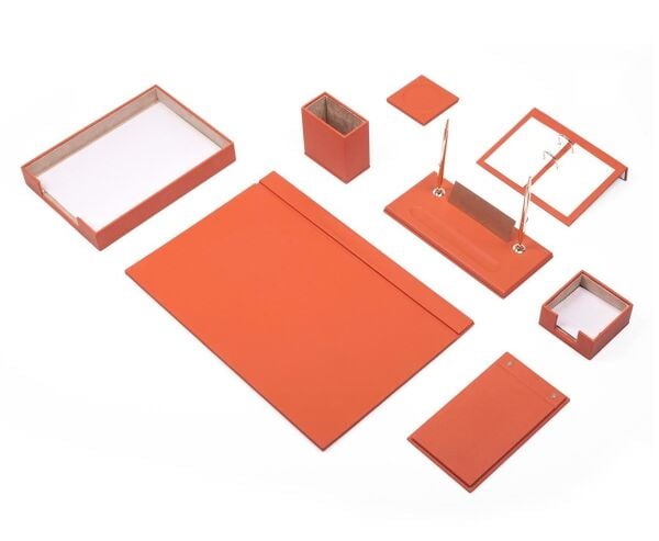 Deri Sümen Takımı Turuncu 10 Parça Tekli Evrak Raflı İsimlik Hediyeli