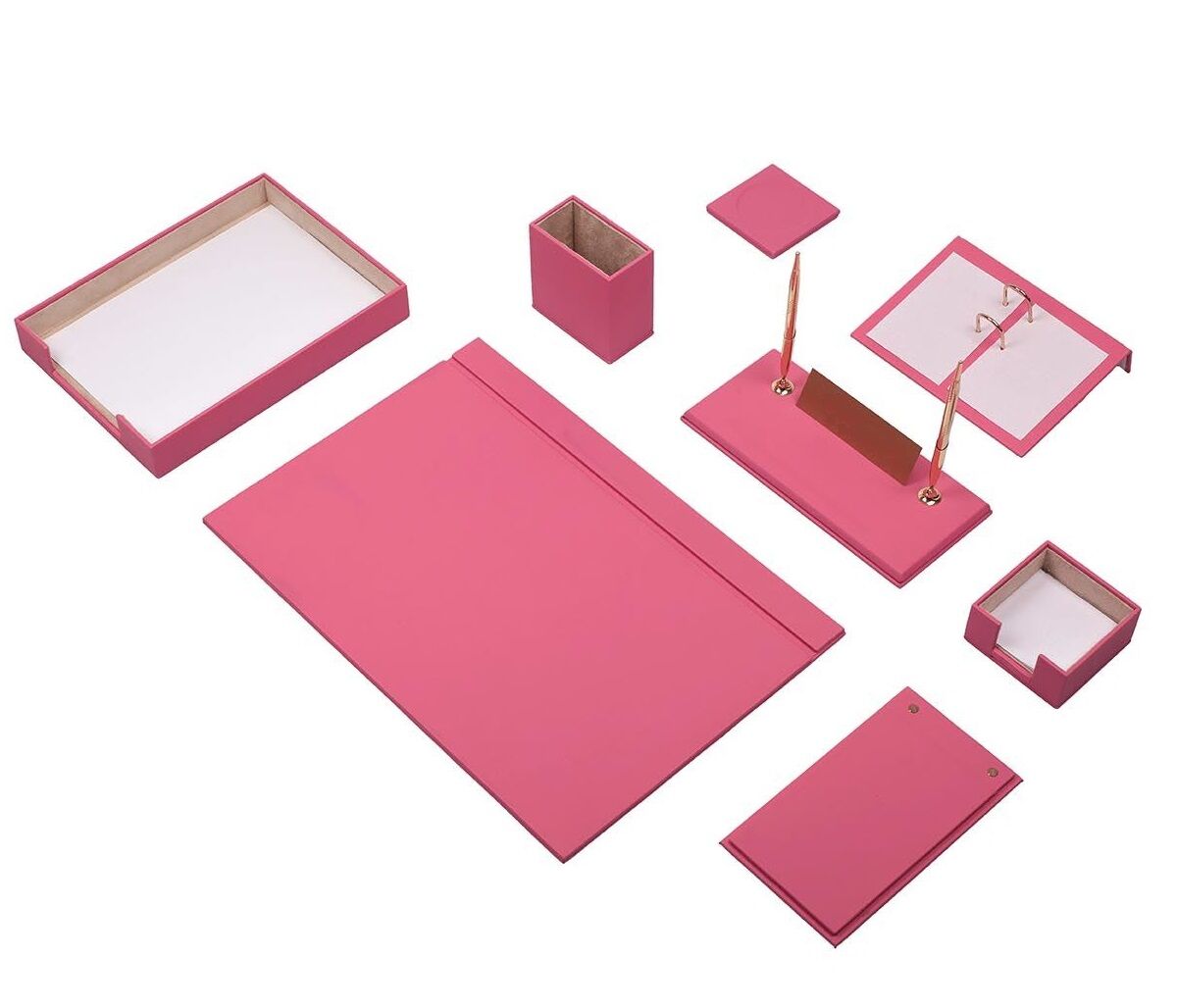 5 TAKSİT ! Deri Sümen Seti Pembe 10 Parça Tekli Evrak Raflı İsimlik Hediyeli
