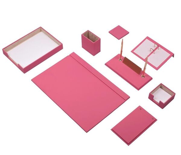 5 TAKSİT ! Deri Sümen Seti Pembe 10 Parça Tekli Evrak Raflı İsimlik Hediyeli
